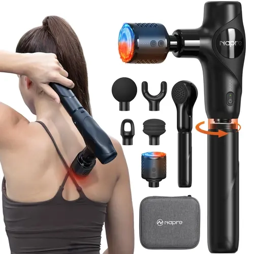 NAPRE 3-in-1 Mini Massage Gun with Heat and Cold,Deep Tissue Back Massage with Detachable Handle for Neck/Body Pain Relief,Portable Handheld Percussion Muscle Massager,Small & Quiet,5 Heads with Case,Gift, Summerwins