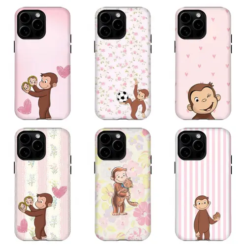 Curious George Cute Cartoon Monkey Pink Floral Heart Stripe Custom Casing - Protective Rubber Phone Case with Protection & Resistance, Cute Accessories for iPhone 17 Pro Max,16,15,14,13,12,11 & Samsung S21,S22,S23,S24,S25 (TikTok Shop sohochic), Pol