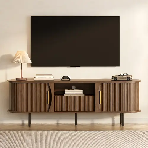 Sikaic 63 Inch Mid-Century TV Stand with Storage, Fluted Media Console with Sliding Doors and Drawer, TV Cabinet for up to 65 Inch TV, Walnut Brown, Home Furniture, Dorm Essentials [tiktokshopbacktoschool]