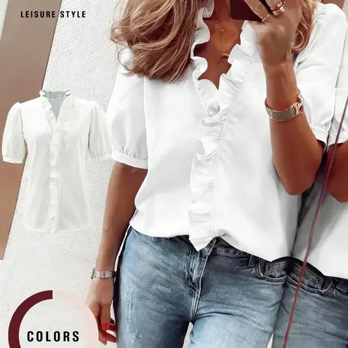 Women's Casual Chic Fitted Short Sleeve Solid Shirt Blouse Top, Ruffled V Neck Design, Lantern Sleeves, Casual Classy Elegant, Perfect for Everyday Wear, Stylish, Elegant and Comfortable