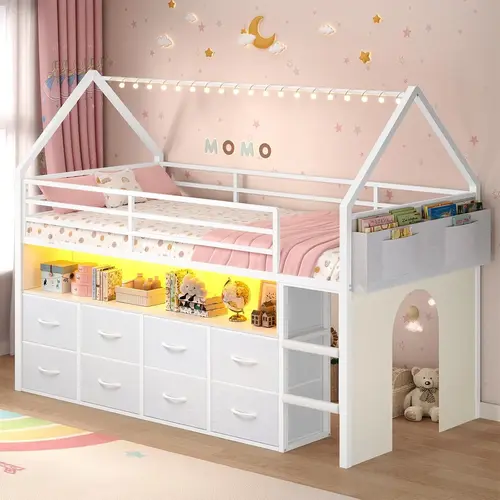 Sikaic Twin Size Loft Bed with 8 Storage Drawers & LED Lights, House Shaped Metal Loft Bed Frame with Bookcase, Soft Foam Ladder, 13.4" High Safety Guardrail, Space-Saving Design, Curtain, Home Furniture Christmas Gifts [SohoChic]