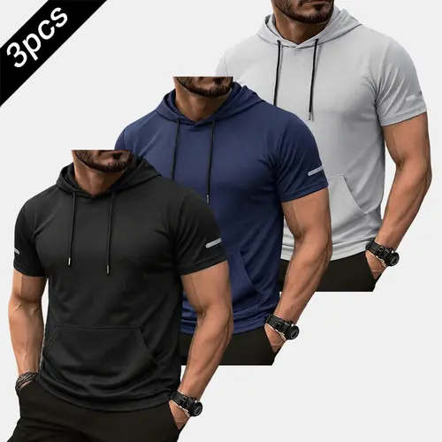 3 Pack Men’s lightweight outdoor hooded T shirt in smooth mesh fabric—practical for morning runs and hiking