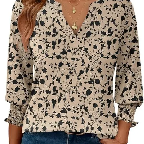 Women's Casual Floral Tunic Top, V-Neck Blouse with 3/4 Sleeves and Smocked Ruffle Cuffs, Breathable Loose Fit for Spring,back to school,back to school shopping