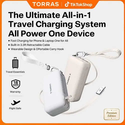 TORRAS PowerGo 3-in-1 GaN Travel Charger for iPhone 18 Pro, 45W Portable Charging System with 10,000mAh Power Bank & 3.3ft Retractable USB-C Cable, Travel Hook