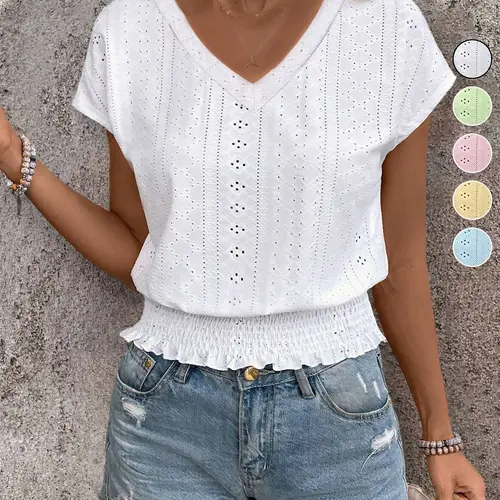 Women's Casual Lace Trim Eyelet Short Sleeve Top, Summer Lightweight Loose Fit Blouse, Comfortable and Stylish, Perfect for Daily Wear