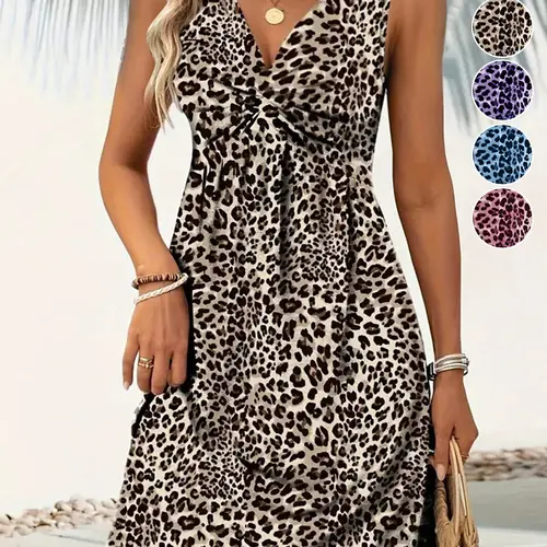 Women's Chic Leopard Print Sleeveless V Neck Dress, Bohemian Summer Dresses, Resort Dress, Casual Wear, Womenswear, Casual Beach Sundress, Boho Sundresses, Casual Boho Fashion