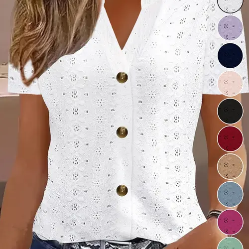 Women's Hollow Out Button Short Sleeve Top Blouse Shirts, Summer Casual Wear, Fit, Stylish Ladies' Clothing, Perfect for Daily, Womenswear