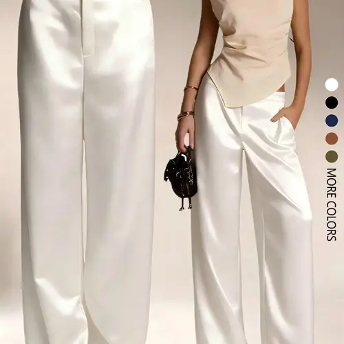 Women's Satin Smooth Solid Color Pants With Pockets And Zipper, Suitable For Vacation, Office, Brunch, Airport Outfit, All Seasons Spring, Minimalist, Casual Commuter Style, All Season Trousers
