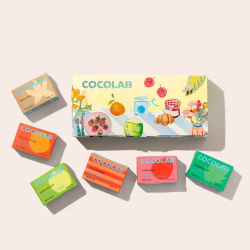 COCOLAB Spring Cocofloss Minis Sampler, Limited-Edition, 6x Travel Size, Ultra-Cleansing Dental Floss, Delightful Mint, Young Coconut, Cara Cara Orange, Wild Strawberry, Lychee Breeze, Vanilla Bean, "Cat's Sunday Brunch" Set