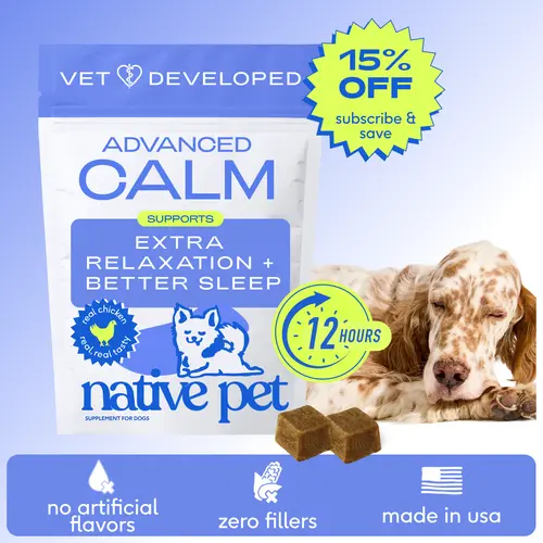 Native Pet Advanced Calming Chews for Dogs All Breed - Anxiety Relief, Stress, Separation & Sleep Support with Melatonin for Dogs, Hydrolyzed Casein, Valerian Root & L-Tryptophan