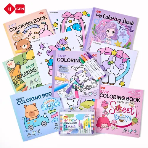 II GEN Cute Style Coloring Book Bundle - 2-3 Books + 12-Color Marker Pen Set, Premium Thick Paper Unisex Art Kit with Yummy Desserts, Mermaid Princess Designs, Stress Reliever for Daily Life Sweet Day, Adult Gift