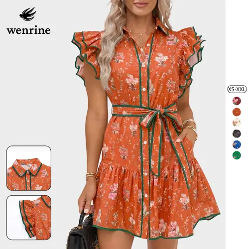Wenrine Women's Boho Front Buttons Collar V-Neck Shirt Dress - Floral Print, Ruffle Sleeves, Above Knee Mini Length, Pocket Convenience, Breezy Casual Beach Resort Wear, Elegant Womenswear