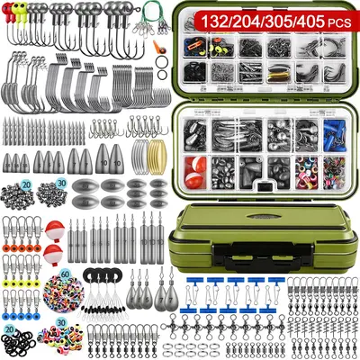 132/204/305/405pcs Fishing Accessories Kit, Outdoor Fishing Supplies, Fishing Tackle Box with Lures, Hooks, Weights, Sinkers & Spinner Blades, Tackle Organizer Gear Set for Bass & Trout, Complete Fishing Kit