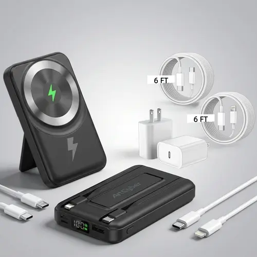 4-in-1 Magnetic Power Bank Set 10000mAh – Foldable Wireless Charger Battery Pack with Adapter & 2×2m Fast Charging Cables, Portable Travel Charger Compatible with iOS & Android