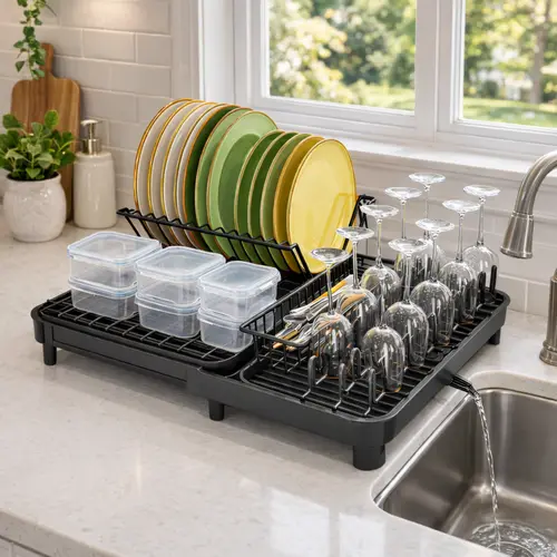 Adjustable Expandable Carbon Steel Dish Drying Rack - Large Capacity Kitchen Counter Organizer That Maximizes Counter Space for Plates, Bowls