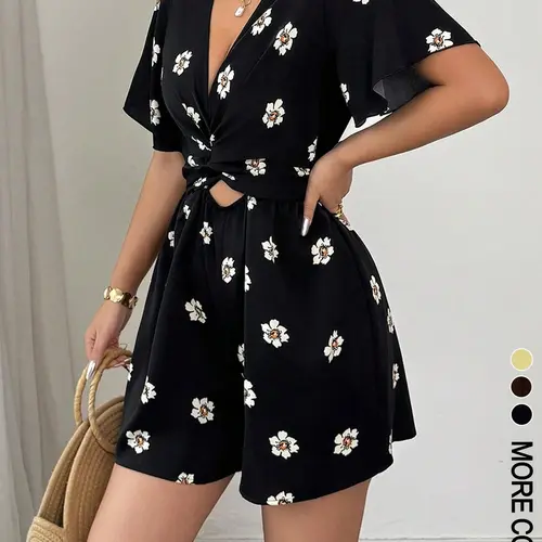 Floral Waist-Cutout Short-Sleeve V-Neck Jumpsuit Shorts, Casual Summer Style, Loose-Fit X-Type Silhouette