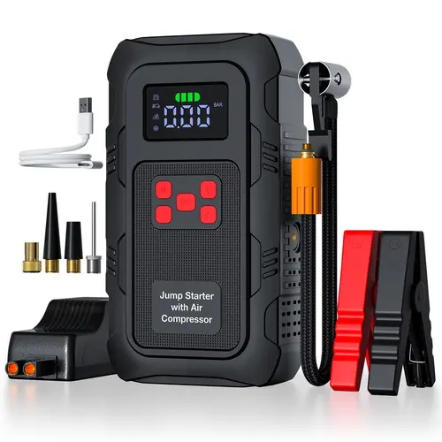 HPBS High-Quality Portable Car Jump Starter with 150PSI Inflatable Air Compressor, Digital Tire Inflator Display, LED Light, Emergency Help Feature, Fast Charging Rechargeable Power Bank for 12V Cars, Outdoors