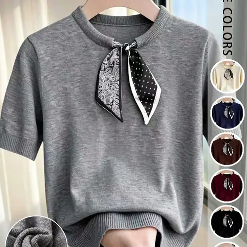 Short Sleeve Knit Sweater with Attached Scarf, Casual Commuter Style Knitwear, Spring & Fall Inner Layer Wear, Womenswear