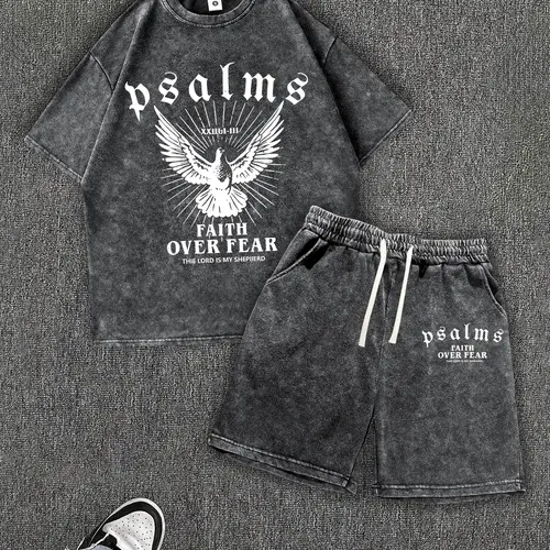 Men’s washed vintage cotton summer streetwear set featuring retro rock music letter print; casual commuter two-piece with a crewneck short-sleeve T-shirt and shorts. Vintage 2000s style—ideal for running, golf, fishing, basketball, camping, gym, swimming,