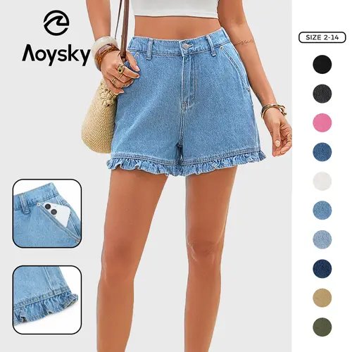 Aoysky Women's High-Waisted Fitted Ruffle Denim Jean Shorts - Cotton Basic Summer Bottoms with Pockets, Women's Shorts for Daily Wear, Jean Shorts For Women,summerwins,summeroutfits,vacationoutfits,beachoutfits,back to school shopping