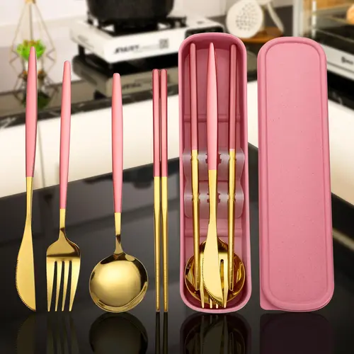 Stainless Steel Cutlery Set with Storage Box, 4 Counts Portable Reusable Utensils Set for Home Office School Camping Travel, Household Tableware for Daily Use, Gold Cutlery Set -RR