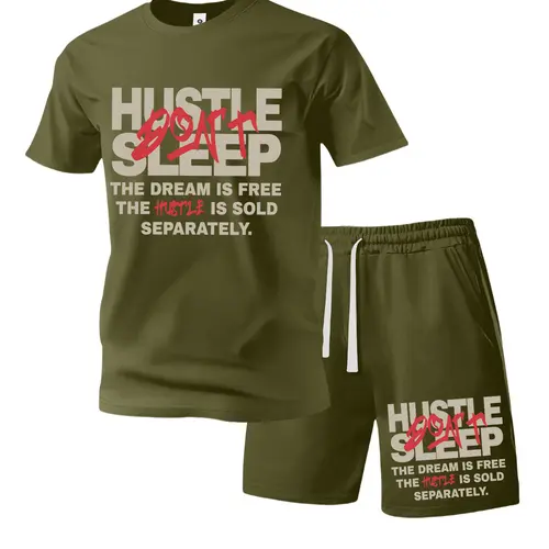 Men’s summer regular-fit cotton short-sleeve T-shirt and shorts set featuring an inspirational slogan letter print. Fashionable casual menswear for going out, with a pocketed athletic design and elastic drawstring waist. Suitable for running, golf, fishin