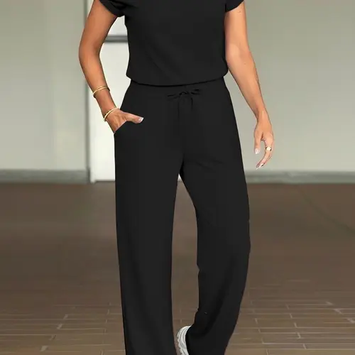 USBOUTIQUECHIC Women's 2026 Spring Oversized Two Piece Set Short Sleeve Top & Drawstring Pants Casual Lounge Outfit Soft Stretchy Fabric - Clothes, Womenswear