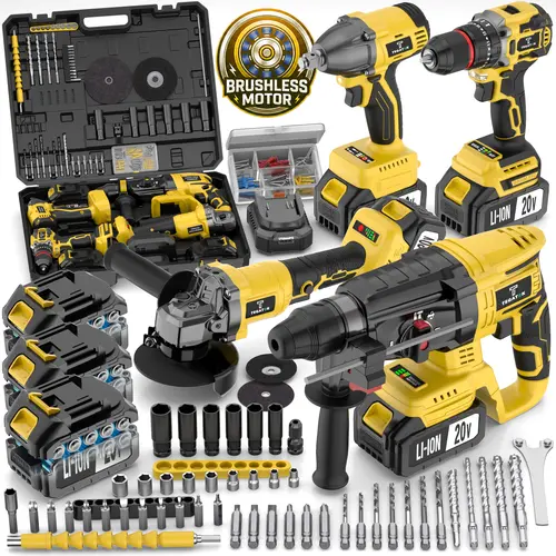 4-in-1 Brushless Wireless Power Tool Full Set: Electric Rotary Hammer, Drill, Angle Grinder & Impact Wrench - Heavy Duty Combo Kit with 3x 4.0Ah Batteries for Construction - Ideal for DIY Users, Wireless Drill Set
