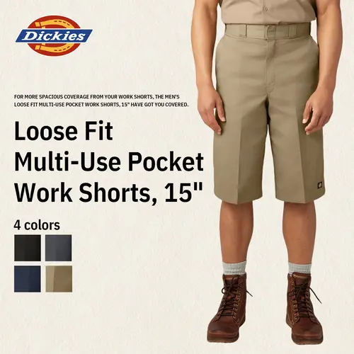 Dickies Men's Loose Fit Multi-Use Pocket Work Shorts, 15" Two-Piece Waistband, Prevent Rolling, Easy-Care, Multi-Use Side Pocket Menswear