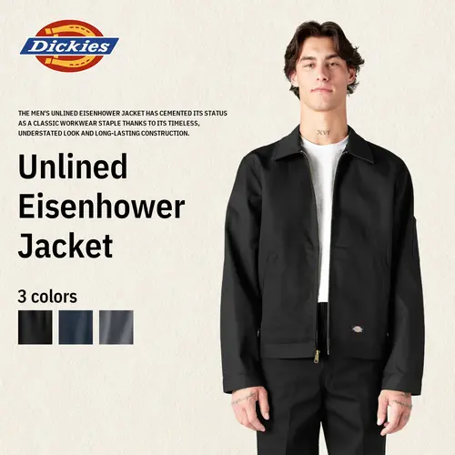 Dickies TJ15 Unlined Eisenhower Jacket, Full Zip Work Jacket, Men's Workwear, Relaxed Fit, Hidden Interior Pocket, Signature Workwear Twill Fabric Casual Coats