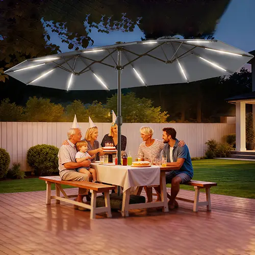 [2026 Upgrade] Sturdy Rectangular Casual Patio Umbrella with Base - 13ft/15ft Solar-Powered, UPF 50+ UV Resistant Canopy, 135ft² Sunshade Canopy, Crank-Adjustable, LED Lighting for Garden Deck, Solar Parasol