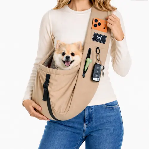 PAWPUBBY Ergonomic Pet Sling Carrier for Small Dogs & Cats (5-20lbs) - Adjustable Depth, Breathable Air Mesh, Water Resistant Fabric, Double Safety Leash, Buckle, Snug Drawstring, Spring, Dual Zip Pockets, Machine Washable, Caramel, Shopping & Storage, So