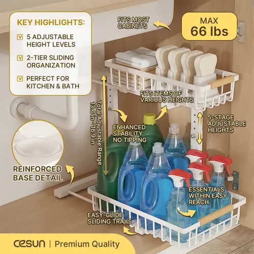 Cesun 2-Tier Slide-Out Under Sink Organizer - Metal Frame Sliding Drawer, Stackable Drawer Organizer for Kitchen Cabinets, Slideout Access, Bathroom Organizing Accessories (1-Pack, White)
