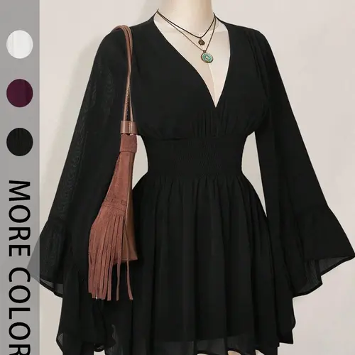 Women's Casual Cute Chic Long Sleeve Waist-Cinched V-Neck Short Dress, Stylish Fashion Feminine Dress, Elegant Summer Clothes, Perfect for Everyday Wear