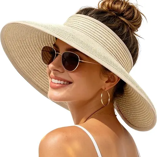 CUBIDUPI Women's Wide Brim Straw Sun Visor Hat, Foldable Packable Beach Travel Hat with Ponytail Opening, Lightweight Summer UV Sun Hat for Vacation, Pool, Golf & Outdoor Wear,camping essentials