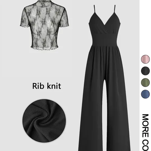 Women's Two-Piece Set, Pants, Solid Color Knitted Lace Short Sleeve Top & High-Waist Fitted Cami Jumpsuit with Zipper Back, Casual Elegant Chic Outfit for Spring & Summer, Womenswear
