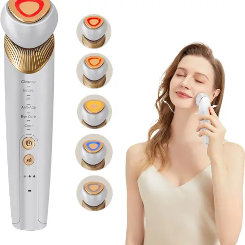 6-in-1 Rechargeable Lithium Ion Battery Facial Beauty Instrument - Gold Head Anti-Aging Massager for Adults, with Microcurrent, LED Light Therapy, Heating, Cooling, Sensitive Skin Gel for Cleansing, Eyes, Soothing, Self Care Gift Option