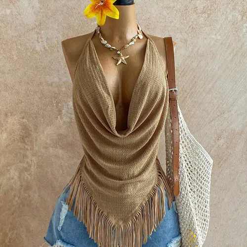 Women's Vintage Sexy Boho Fitted Cowl Neck Halter Top, Asymmetric Triangle Hem with Fringe, Summer Camisole, Bohemian Sleeveless Top, Womenswear