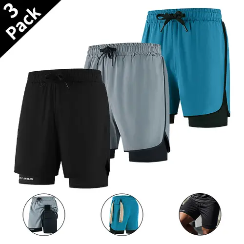 Men’s 3-Piece Quick-Dry Elastic Athletic Shorts Set | Training shorts with built-in liner | Casual sportswear for fishing and cycling