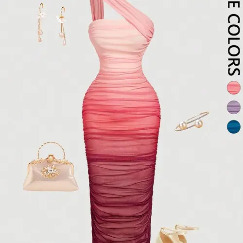 Women's Spring/Summer Ombre One-Shoulder Midi Dress, Ruched Mesh Bodycon Slim-Fit, Elegant Chic Style for Wedding Guest, Cocktail Party & Date Night, Dresses for Party