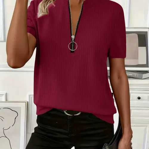 Women's Casual Basic Loose Fit Half-Zip Fashion Short Sleeve Top Shirts, Summer Sports Wear, Stylish Ladies' Clothing for Daily Use, Womenswear