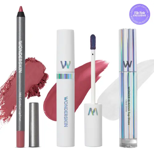 Wonderskin Ultimate Lips Set – Longwear Lip Stain, 360 Contour Lip Liner & Clear Gloss Trio for Waterproof, Transfer-Proof, Hydrating, and Glossy Finish – Vegan & Cruelty-Free All-in-One Lip Kit