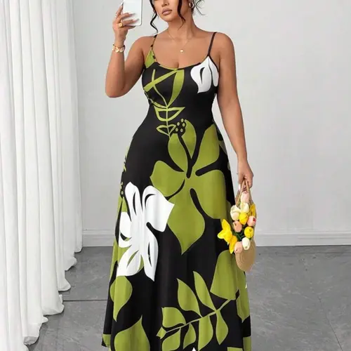 Plus Size Women's Tropical Floral Print Maxi Dress, Casual Bohemian Chic Style Spaghetti Strap Sleeveless Dress for Summer Vacation, Comfortable and Lightweight Fabric, Boho Slip Dress, Fashion Printed Pattern