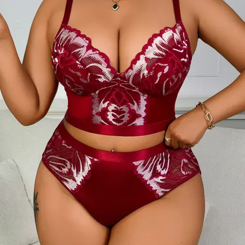 Plus Size Curvy Sexy Lingerie Set Underwear Sets 1XL-4XL - Floral Lace Longline Matching Set, Deep V Backless Support Bralette & High Waist Panty Set