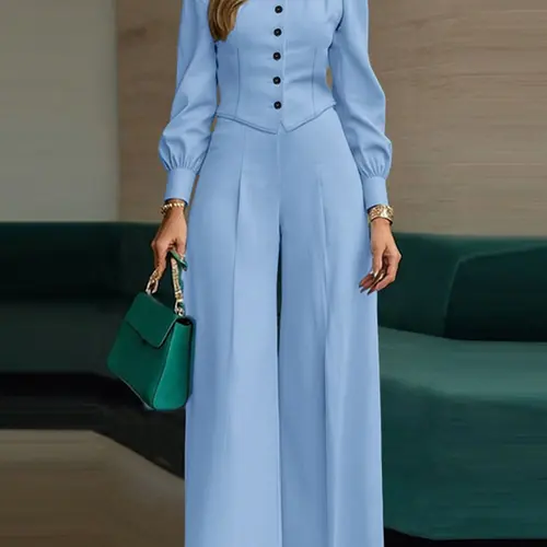 Women's Solid Color Palazzo Set, Suits, Button Stand Collar Long Sleeve Crop Top + High Waist Pants Design, Casual Elegant Chic Fashion for Daily Commuting Womenswear