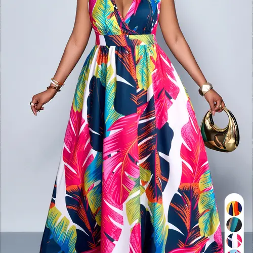 Plus Size Women's Elegant Casual Boho Sundress Chic Casual Bohemian Summer Plant Print V-Neck Sleeveless High Waist A-Line Dress for Leisure, Vacation & Outdoor