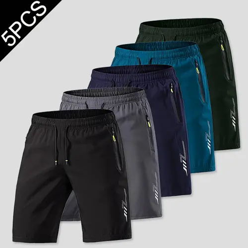 Men's Casual Sports Shorts, Loose Fit Quick Dry With Reflective Stripes, Pockets, Zipper Waist And Drawstring, Suitable For Fitness, Running And Outdoor Activities