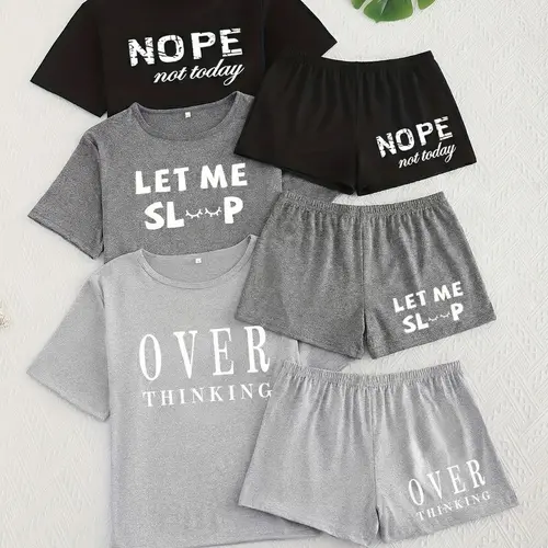 Women's Letter Print Sleepwear Set, Short Sleeve Top & Shorts Pajama Set, Casual Loose Fit Matching Nightwear for Women, Everyday Loungewear Outfits, Lounge Pjs Set