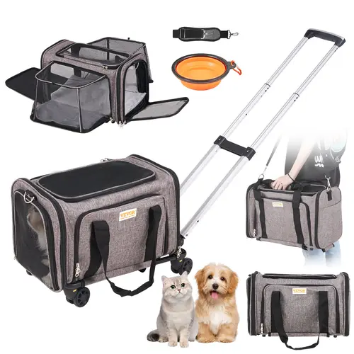 【Summerfinds】VEVOR Airline-Approved Rolling Pet Carrier with Wheels, Telescopic Handle, Shoulder Strap, Zipper, Fabric, Hook-and-Loop, 1 Folding Bowl, 17.5x11.2x11.4 in, Convertible to Carrier Backpack for Cats & Dogs