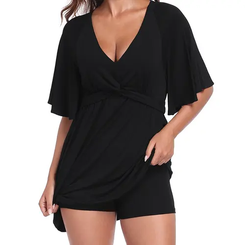HDE Women's Cute Basic Spring Beach V-Neck Flutter Short-Sleeve Half-Sleeve Easy Slip Flowy Romper Dress with Built-in Shorts, Pocket-Ready Pockets, Twist Vibe, S-XXL, Casual Chic Soft Fit